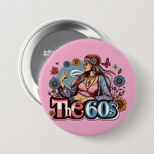1960s Hippie girl chick peace sign fingers art Button