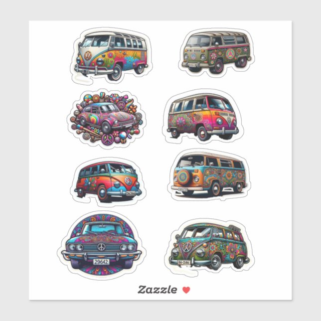 1960's Hippy Van and Cars Boho Sticker (Sheet)