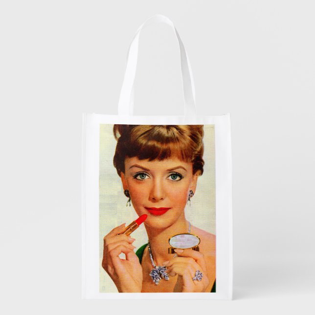 1960s lipstick lady reusable grocery bag (Front)