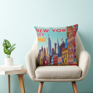 1960s New York Poster | Bold Red & Yellow" Throw Pillow