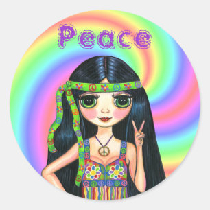 1960s Peace Sign Hippie Girl with Headband Classic Round Sticker