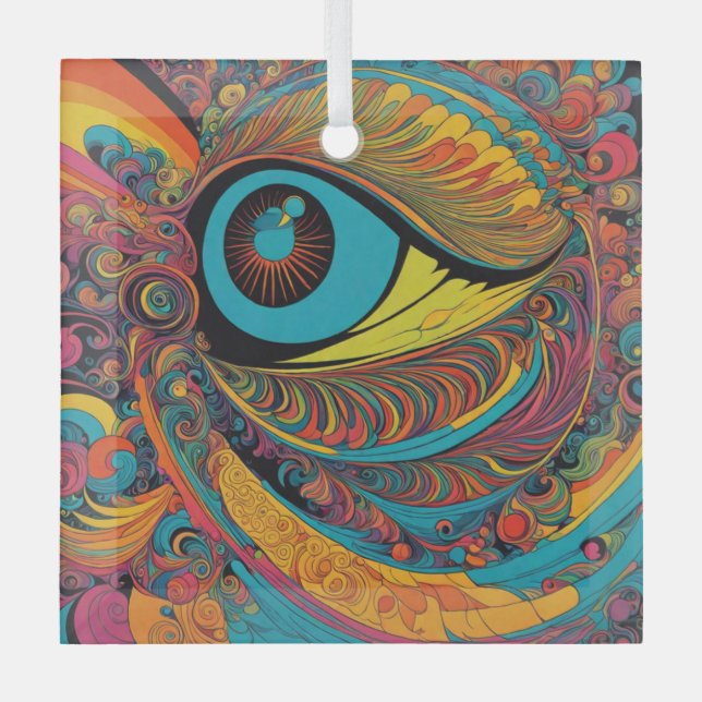 1960s Psychedelic Horror Vacui Art Pattern Glass Ornament (Front)