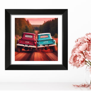 1960s Racing Trucks Down a Dirt Road Custom Names Photo Print