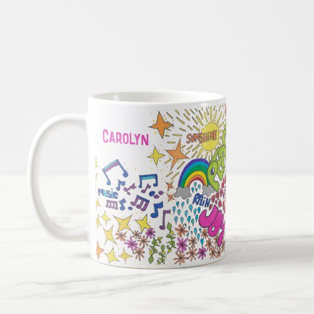 1960s retro art.  Peace, Love, Joy.  Your name Coffee Mug (Left)