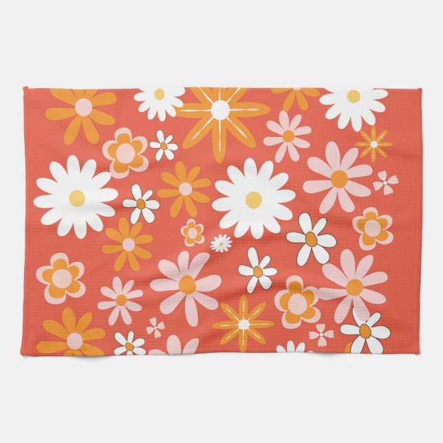 1960s Retro Orange Flower Power Kitchen  Towel (Horizontal)