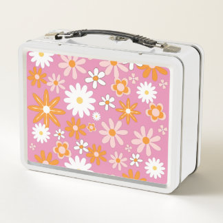 1960s Retro Peppermint Patty Pink Flower Metal Lunch Box