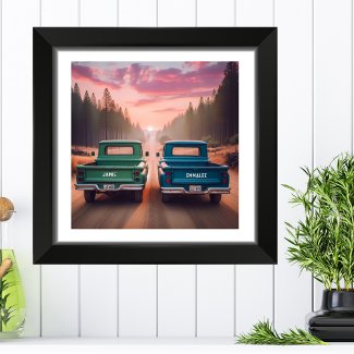 1960s Trucks Driving Dirt Road with Custom Names