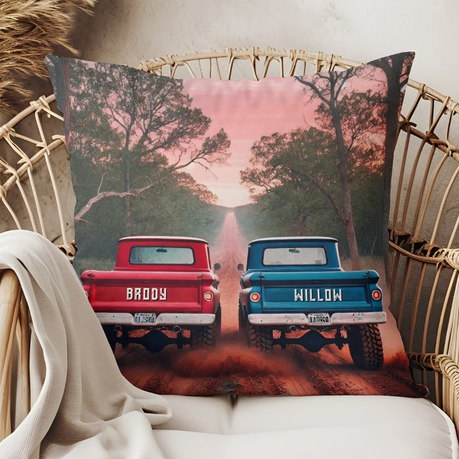 1960s Trucks Racing Racing on Dirt Road Monogram Throw Pillow (Creator Uploaded)