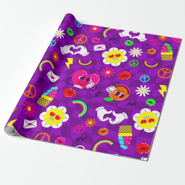 1960s valentines peace sign groovy rainbow purple  wrapping paper (Unrolled)