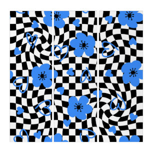 1960s vintage check floral blue triptych