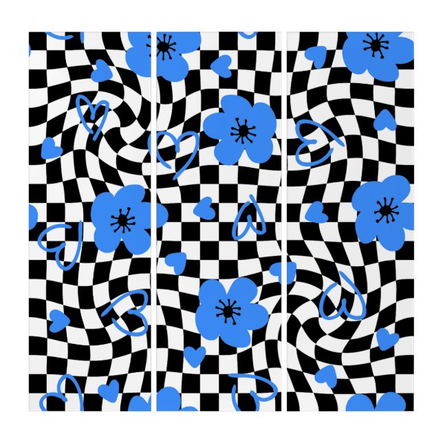 1960s vintage check floral blue triptych (Front)