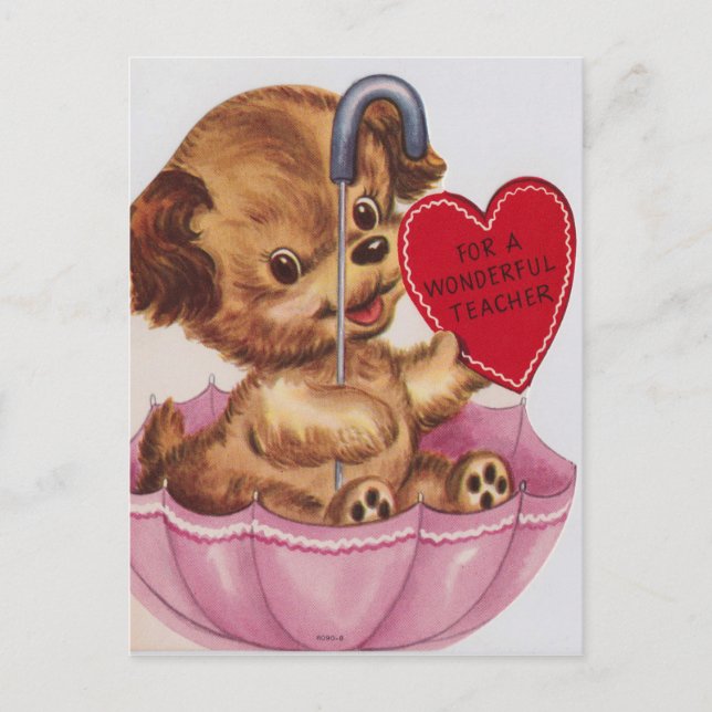 1960s Vintage For A Teacher Puppy Valentines Holiday Postcard (Front)