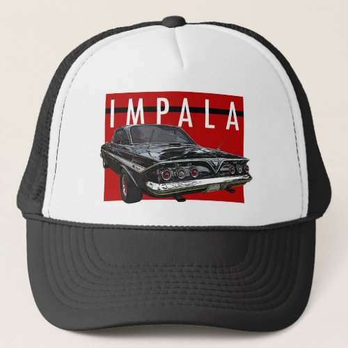 1961 Black Chevy Impala Bubble Top Rear View Trucker Hat