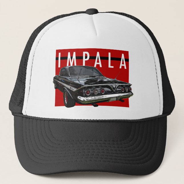 1961 Black Chevy Impala Bubble Top Rear View Trucker Hat (Front)