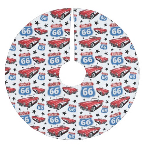 1961 C1 Red Classic Sports Car Retro Route 66 Sign Brushed Polyester Tree Skirt