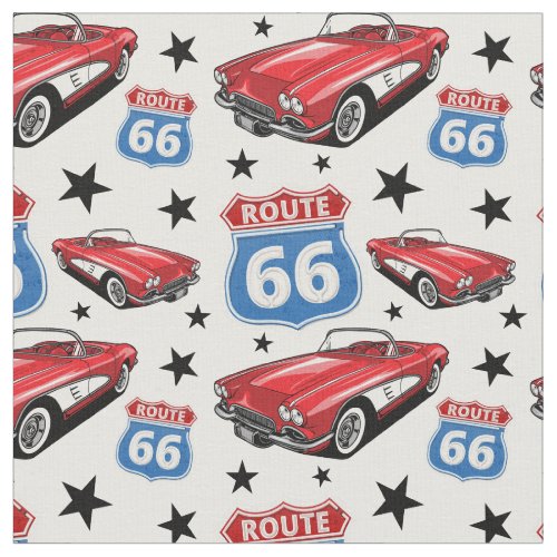 1961 C1 Red Classic Sports Car Retro Route 66 Sign Fabric