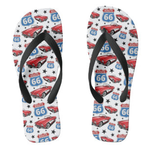 1961 C1 Red Classic Sports Car Retro Route 66 Sign Flip Flops