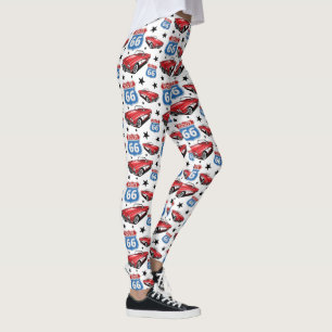 1961 C1 Red Classic Sports Car Retro Route 66 Sign Leggings