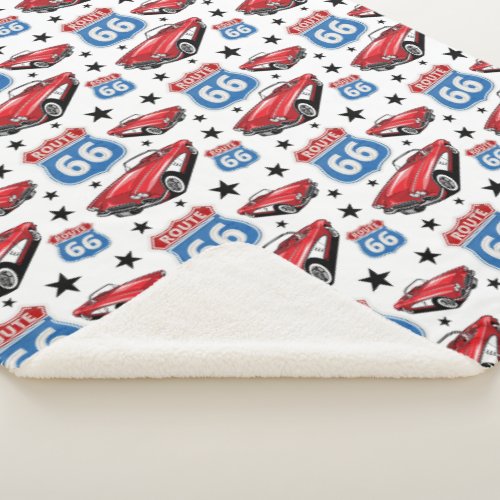 1961 C1 Red Classic Sports Car Retro Route 66 Sign Sherpa Blanket