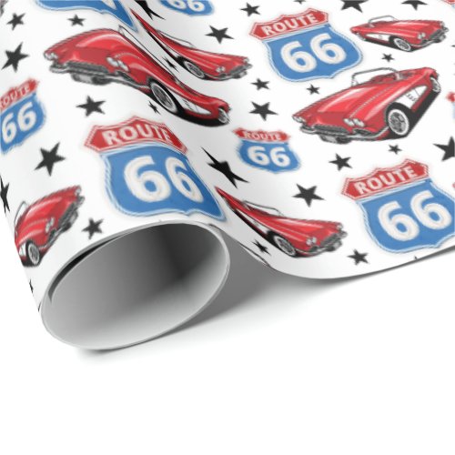 1961 C1 Red Classic Sports Car Retro Route 66 Sign Wrapping Paper