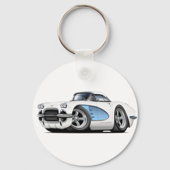 1961 Corvette White-Blue Car Keychain (Front)