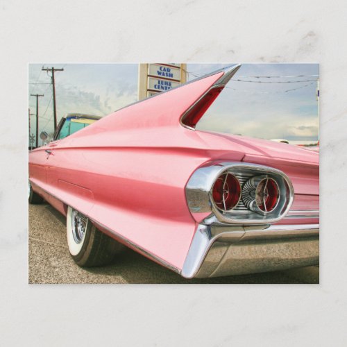 1962 pink cadillac convertible postcard