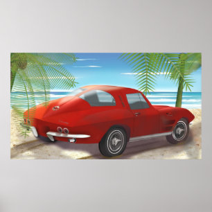 1963 Corvette Beach Scene Drawing Poster
