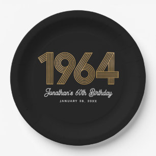 1964 Black Faux Gold 60th Birthday  Paper Plates