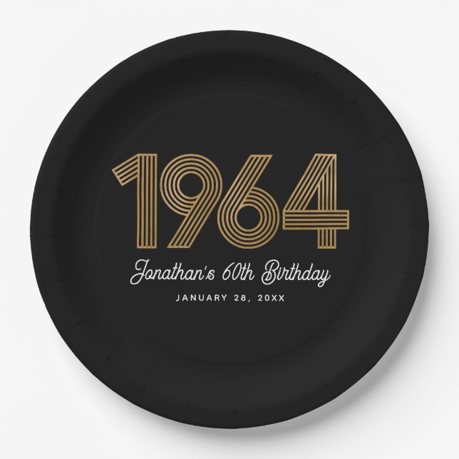 1964 Black Faux Gold 60th Birthday  Paper Plates (Front)