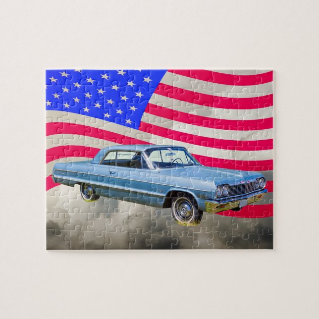 1964 Chevrolet Impala Car And American Flag Jigsaw Puzzle (Horizontal)