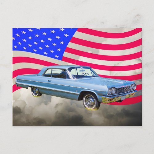 1964 Chevrolet Impala Car And American Flag Postcard