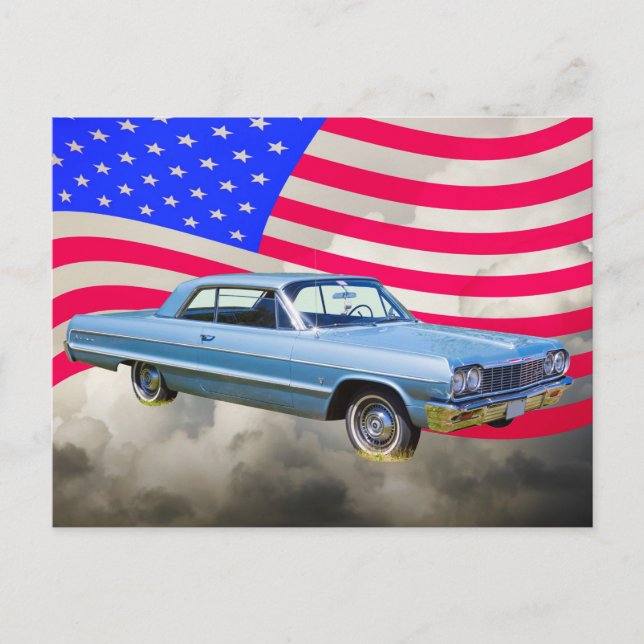 1964 Chevrolet Impala Car And American Flag Postcard (Front)