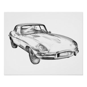 1964 Jaguar XKE Antique Sports Car Illustration Poster