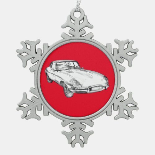 1964 Jaguar XKE Antique Sports Car Illustration Snowflake Pewter Christmas Ornament