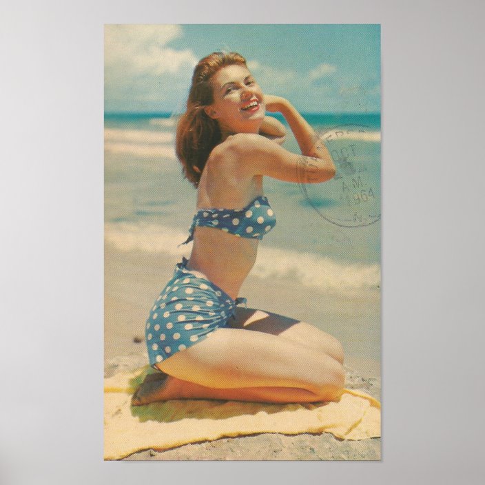 1964 Postcard Pinup Girl ~ Beach Scene Poster