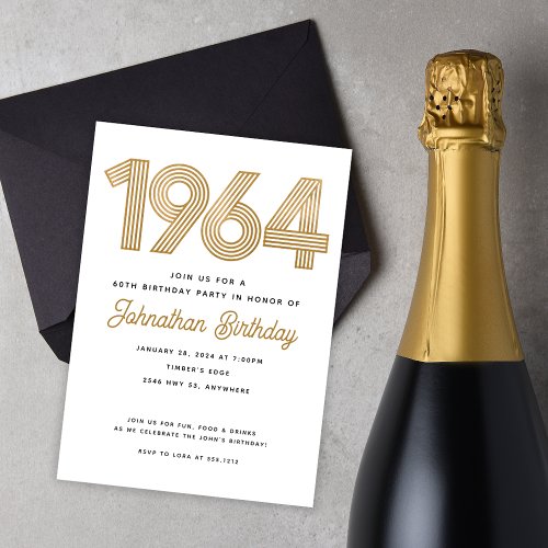 1964 White Black Faux Gold Birthday Invitation 