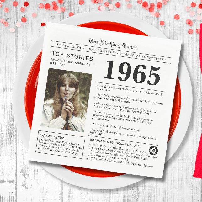 1965 Newspaper Birthday Trivia  Napkins (White napkin with world news fun facts from 1965 in a newspaper design, unique personal party decor)