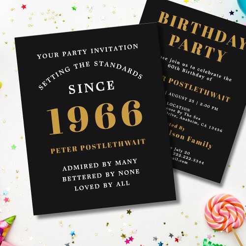 1966 Budget 60th Birthday Invitation Black Gold
