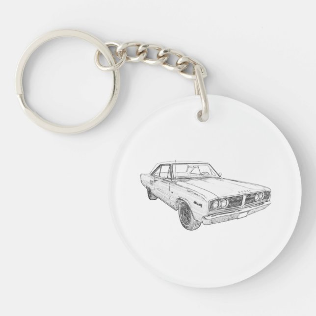 1966 Dodge Coronet Black and White Drawing Acrylic Keychain (Front)
