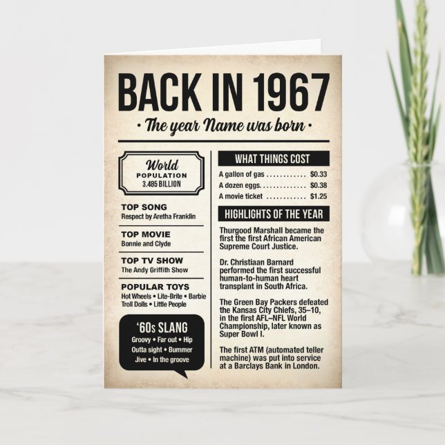 1967 Back in the Day, Fun Facts Birthday Card (Front)