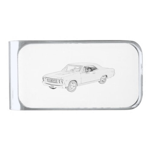 1967 Chevy Chevelle Black and White Drawing Silver Finish Money Clip