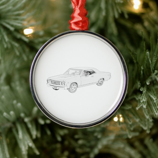 1967 Chevy Chevelle Black and White Pencil Drawing Metal Ornament (Tree)