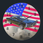 1967 Pontiac GTO and American Flag Large Clock<br><div class="desc">Classic black 1967 Pontiac GTO muscle car photo with American Flag background.</div>