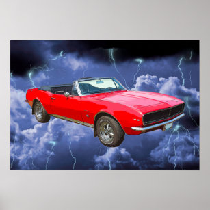 1967 red Camaro Muscle Car and Lightning Bolts Poster