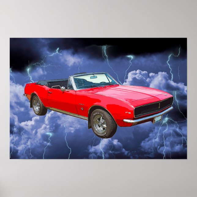 1967 red Camaro Muscle Car and Lightning Bolts Poster (Front)