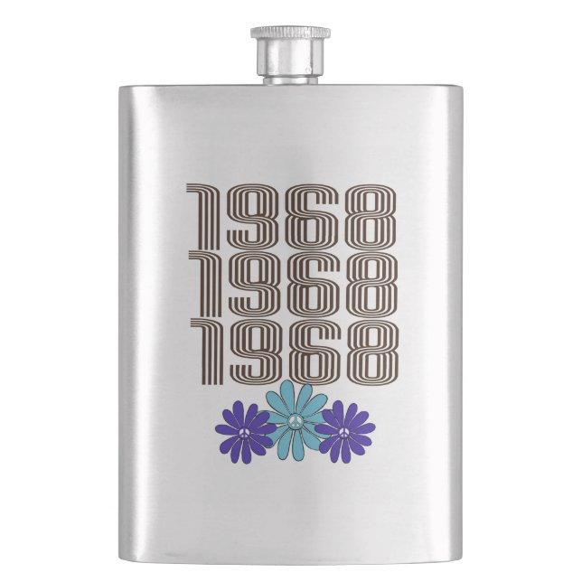 1968 Hippie Flower Power Peace Sign Aqua Purple Flask (Front)