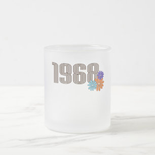 1968 Hippie Peace Sign Flower Orange Aqua Purple Frosted Glass Coffee Mug