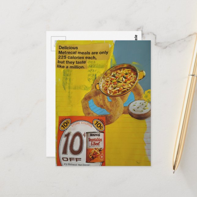 1968 meals coupon mixed media collage  postcard (Front/Back In Situ)