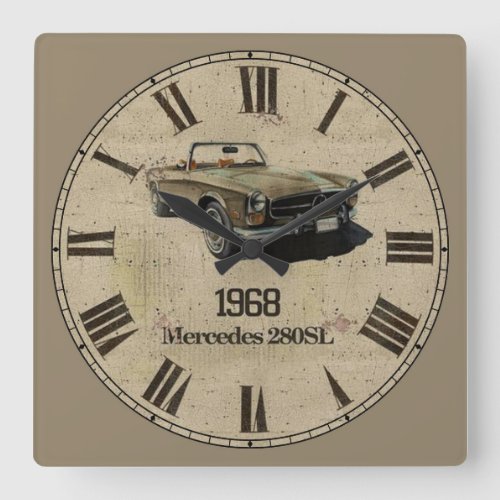 1968 Mercedes 280SL Roman Numeral Square Wall Clock