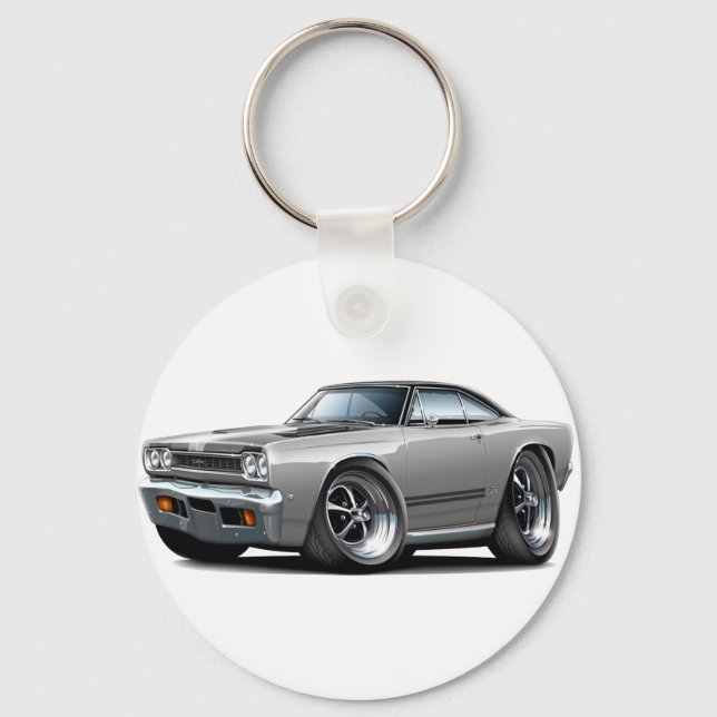 1968 Plymouth GTX Silver-Black Hood Car Keychain (Front)